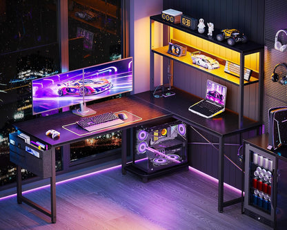 ODK 53 Inch L Shaped Desk with LED Lighting, Reversible Gaming Desk with Power Outlets, Cornor Computer Table with Storage Shelves & Bag & Iron Hook, Home Office Table for Writing, Study, Black