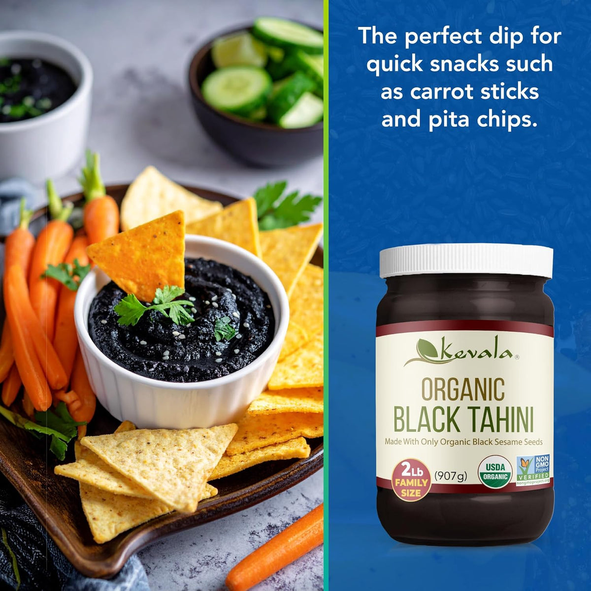 Kevala Organic Black Tahini - Double Size Gluten Free Black Sesame Paste for Cooking and Baking at Home, Source of Calcium and Dietary Fiber, For Stir-Fry Dishes and Making Dark Organic Hummus, 32 oz