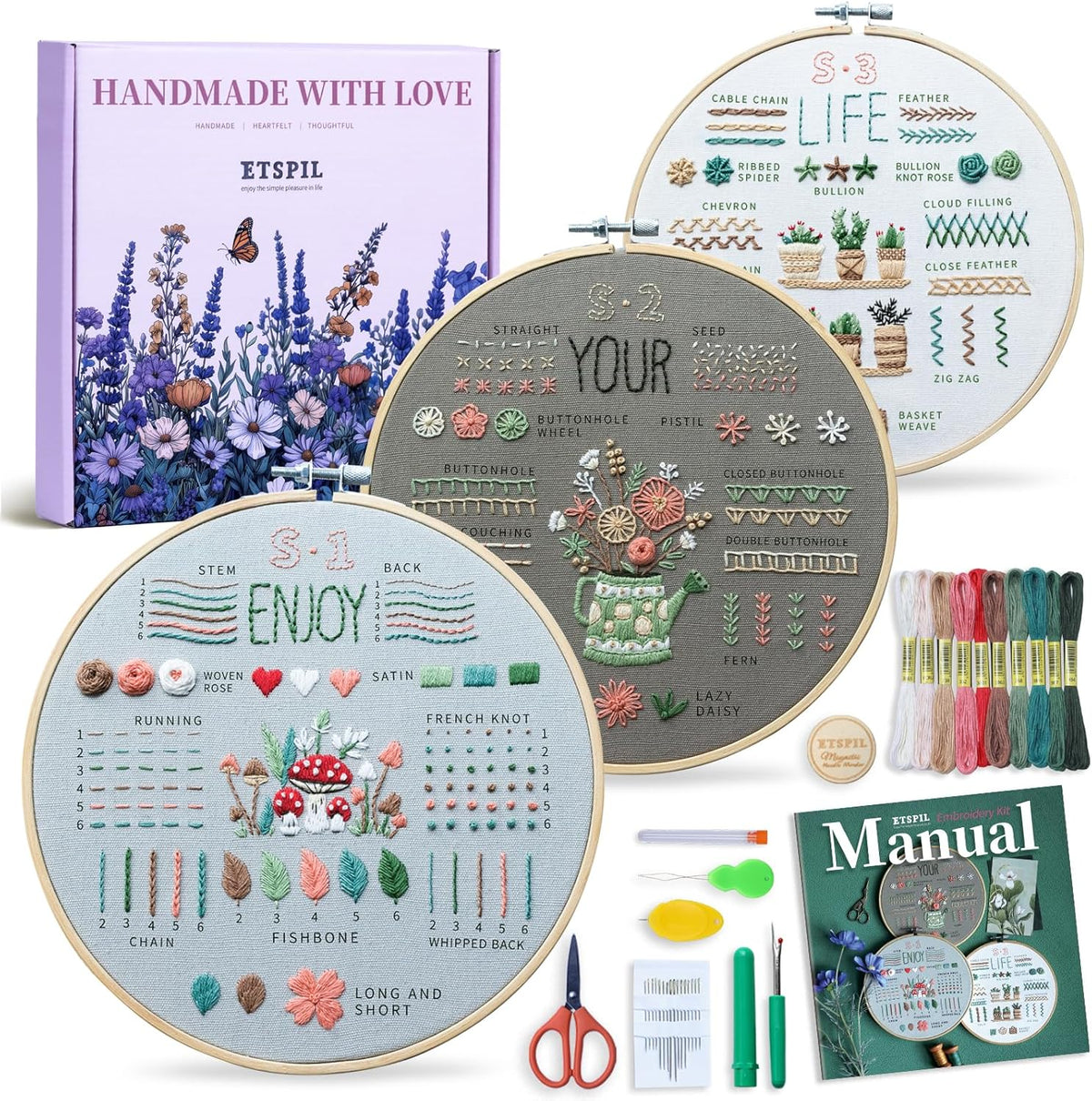 ETSPIL Embroidery Kit for Adult Beginners, 3-Pack 33-Stitch Practice Samplers, Pre-Stamped Patterns, 7.8-Inch Hoop, Threads & Needles, Step-by-Step Guide & Video, DIY Needlework Craft Gift for Women