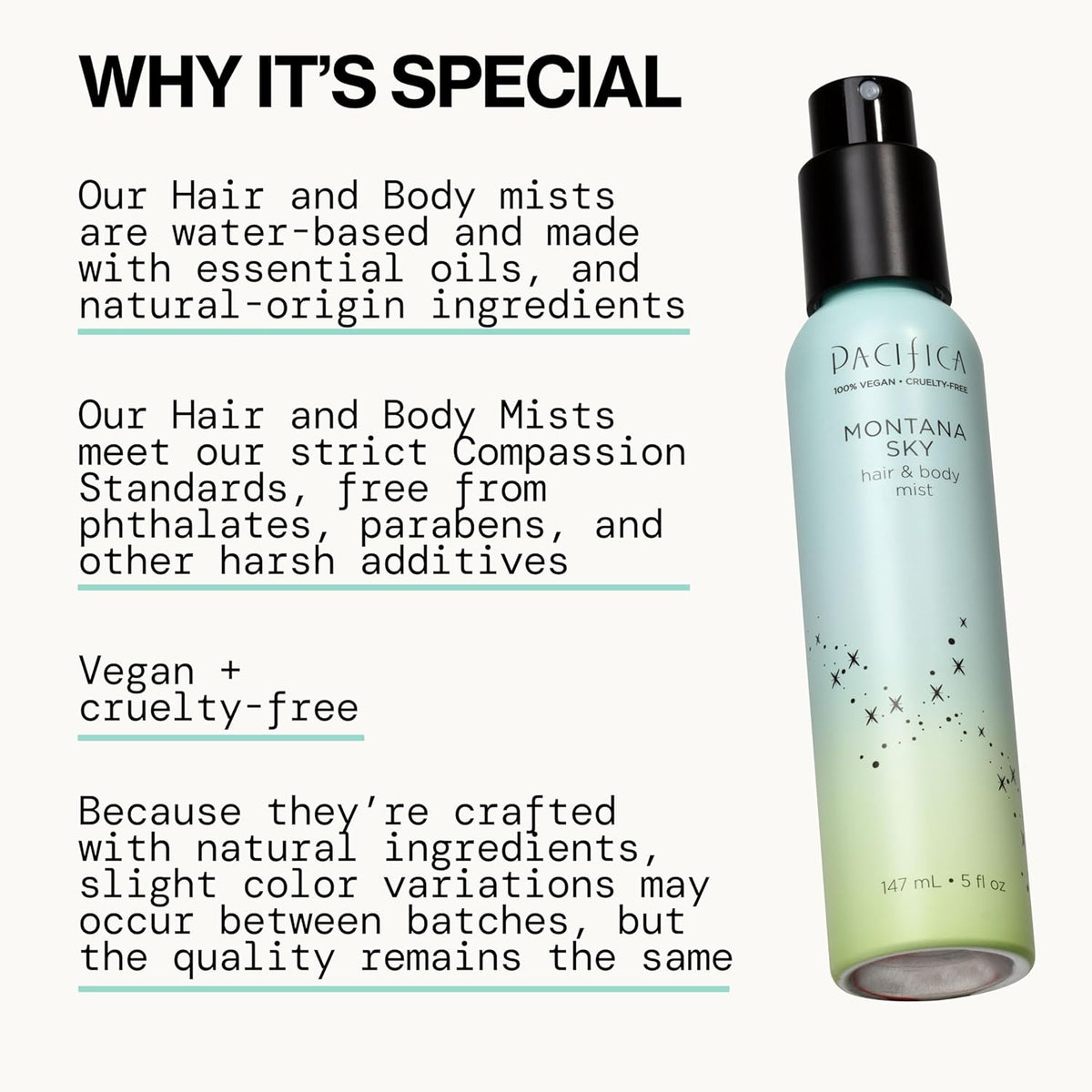 Pacifica Hair Mist Perfume & Full Body Spray for Women - Montana Sky Body Mist Fragrance w/Cedarwood, Elderflower, Black Pepper, Sage & Sandalwood Clean Beauty Alcohol-Free, Vegan & Cruelty-Free 5 oz - Cart Shape