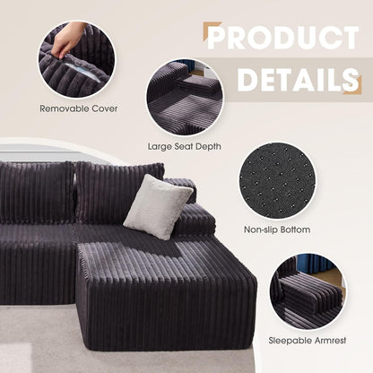 Hobestluk 96” Modular Sectional Sofa Couches L-Shape Couch 3 Seat Modular Sofa Memory Foam Sectional Couches for Living Room, Cloud Couch with Oversized Chaise (Grey, Stripe (Right Facing Chaise))