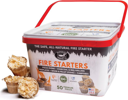Superior Trading Fire Starter Pods in Plastic Bucket - Fire Starters for Campfires, BBQ, Grill, Pit, Wood Stove & Charcoal Starter, 15-20-Min Burn, 50 Extra Large Pods, USA Made, Brown, 3 Lbs