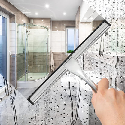 All-PLrpose Stainless Steel Shower Squeegee for Shower Glass Door with 2 Adhesive Hooks, Bathroom Cleaner Tool Household Window Mirror Squeegee , Cleaning Tile Wall, Car, 10 Inch Silver