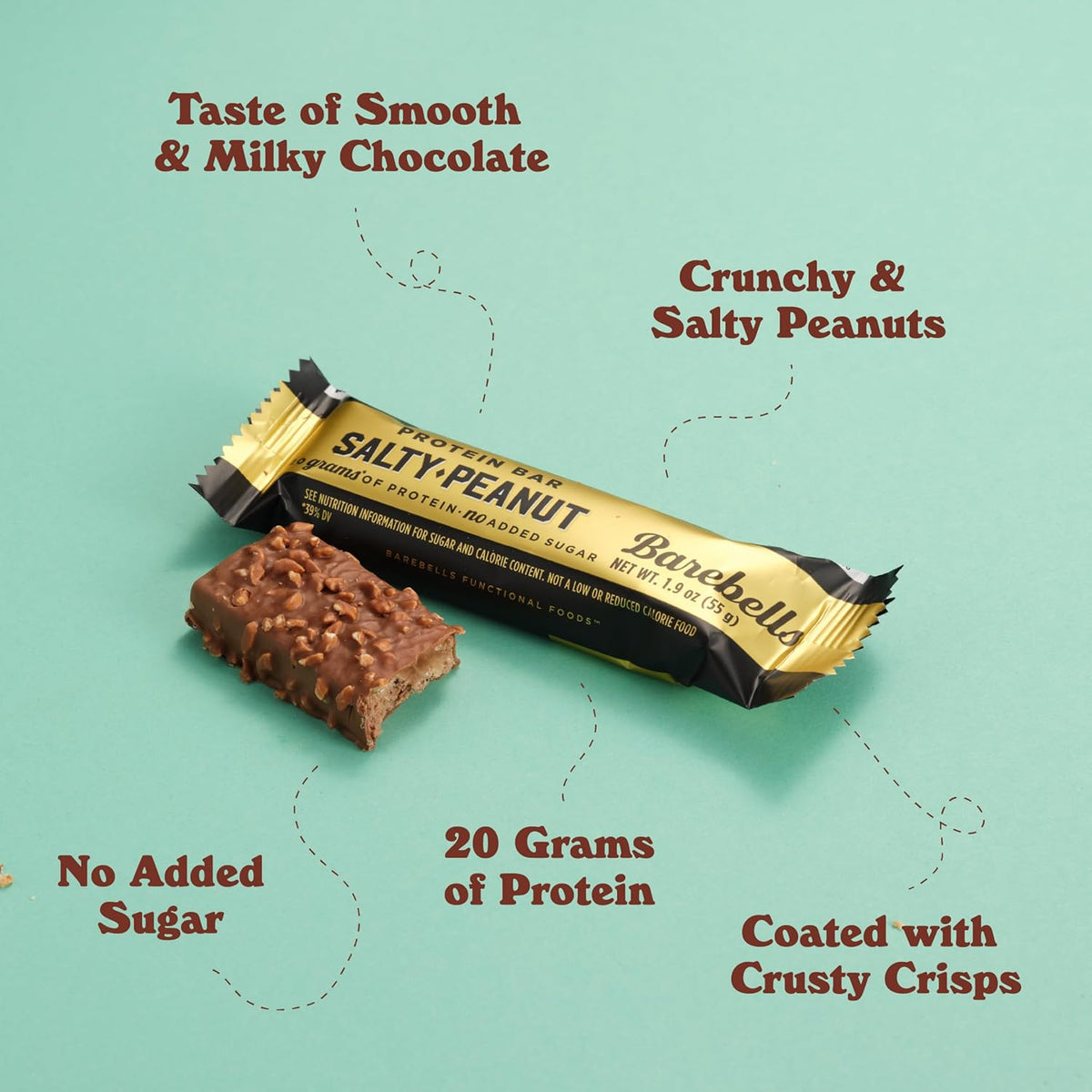 Barebells Protein Bars Salty Peanut - 12 Count, 20g High Protein Treats - Chocolate Nutrition Bar with 1g Total Sugars - On-The-Go Breakfast or Post-Workout Snack