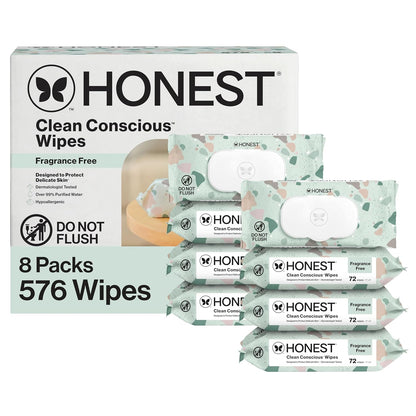 Honest Company Hypoallergenic Baby Wipes for Sensitive Skin, Fragrance-Free, 576 Count (6 Packs of 96)