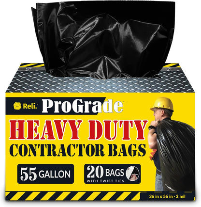 Reli. Contractor Garbage Bags 55 Gallon | 20 Trash Bags | Heavy Duty | Black Contractor