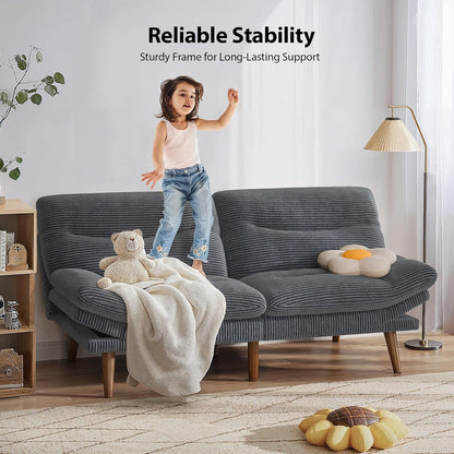 Pipishell Convertible Futon Sofa Bed,66" Corduroy Futon Couch with Adjustable Backrest and Armrests, Recliner Sleeper Sofa for Small Spaces, Play Room or Office, Grey
