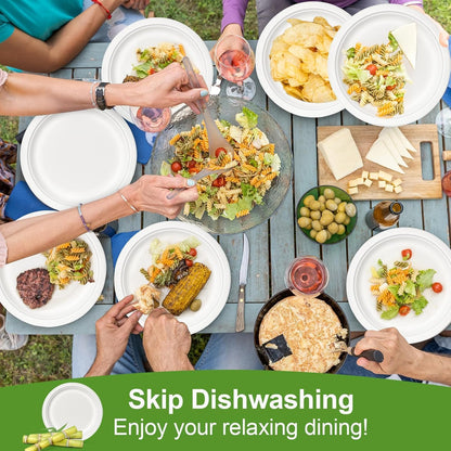 100% Compostable 5X Stronger Round 9-Inch  125 Count & 10-Inch 150Count  Paper Plates| Disposable Biodegradable Bagasse Microwave-Safe, Soak-Proof, Cut & Leak Resistant Plates For Everyday Meals BBQs & Parties