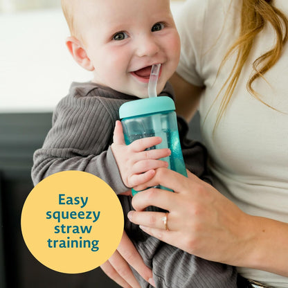 The First Years Squeeze & Sip Toddler Straw Cups - Squeezable Transition Sippy Cup with Silicone Straw - Toddler Feeding Supplies - 7 Oz - 3 Count - Ages 6 Months and Up