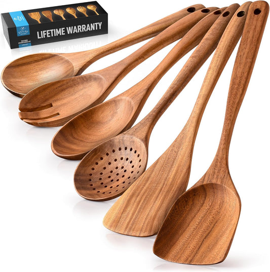Zulay Kitchen 6-Piece Wooden Spoons for Cooking - Smooth Finish Teak Wood Utensils - Soft Comfort-Grip Cooking Wood Spoons Non-Stick Teak Easy to Clean Utensils Heat Resistant Non-Scratch Spoon Sets
