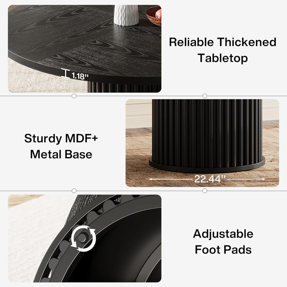 Tribesigns 47.24-Inch Black Round Dining Table for 4-6 People, Modern Fluted MDF + Metal Base Kitchen Table, Sturdy Circle Dining Room Furniture, Black