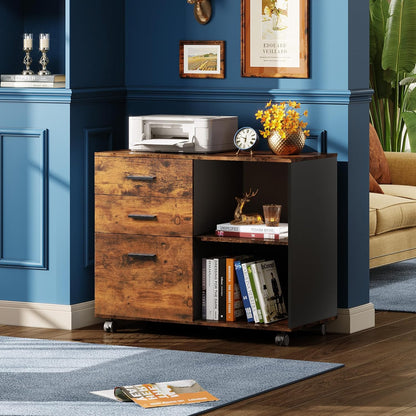 DEVAISE 3 Drawer Mobile File Cabinet, Wood Lateral Filing Cabinet, Printer Stand with Open Shelves for Home Office, Rustic Brown
