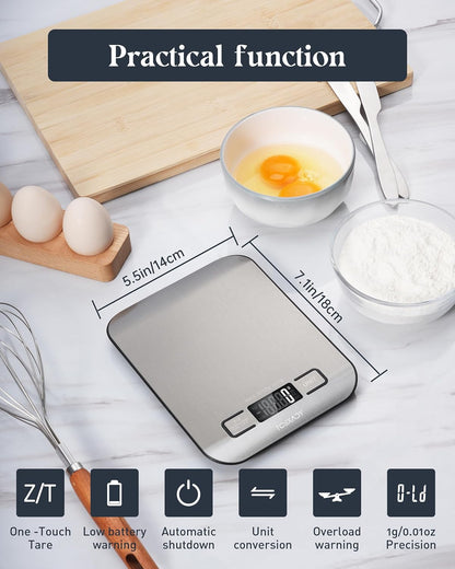 Food Scale, 11lb Digital Kitchen Scale with 6 Units LCD Display and Tare Function,Compact Design for Baking,Healthy Cooking,Meal Prep, 304 Stainless Steel