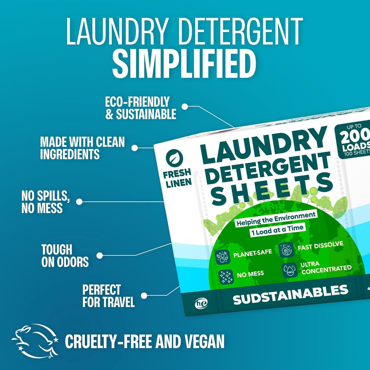 Sudstainables Laundry Detergent Sheets (200 Loads) – Eco-Friendly, Zero Waste, Plastic-Free Laundry Washing Machines Soap Sheets; Dissolvable, Space-Saving Strips for Travel (Fresh Linen)