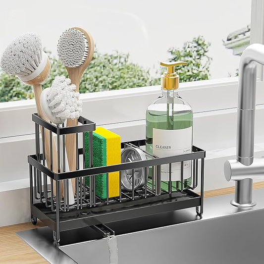 Cisily Black Sponge Holder for Kitchen Sink, Sink Caddy Organizer with High Brush Holder, Kitchen Countertop Organizers and Storage Essentials, Rustproof 304 Stainless Steel, Soap Dispenser Organize