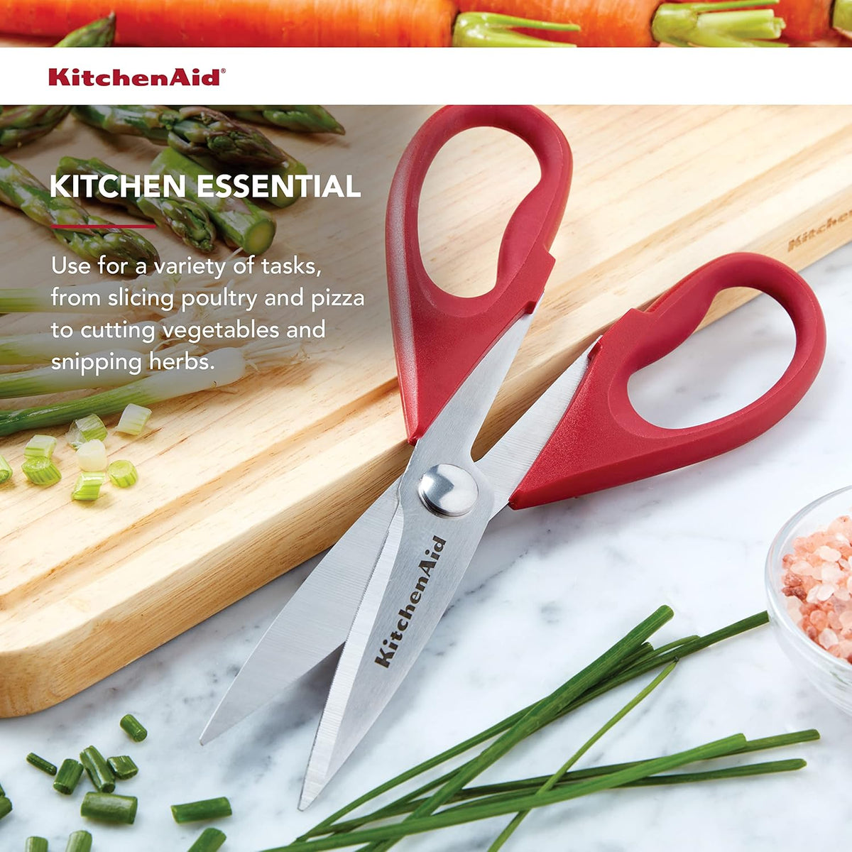 KitchenAid All Purpose Kitchen Shears with Protective Sheath Durable Stainless Steel Scissors, Dishwasher Safe, Soft Grip Comfort Handle, 8.72 Inch, Red
