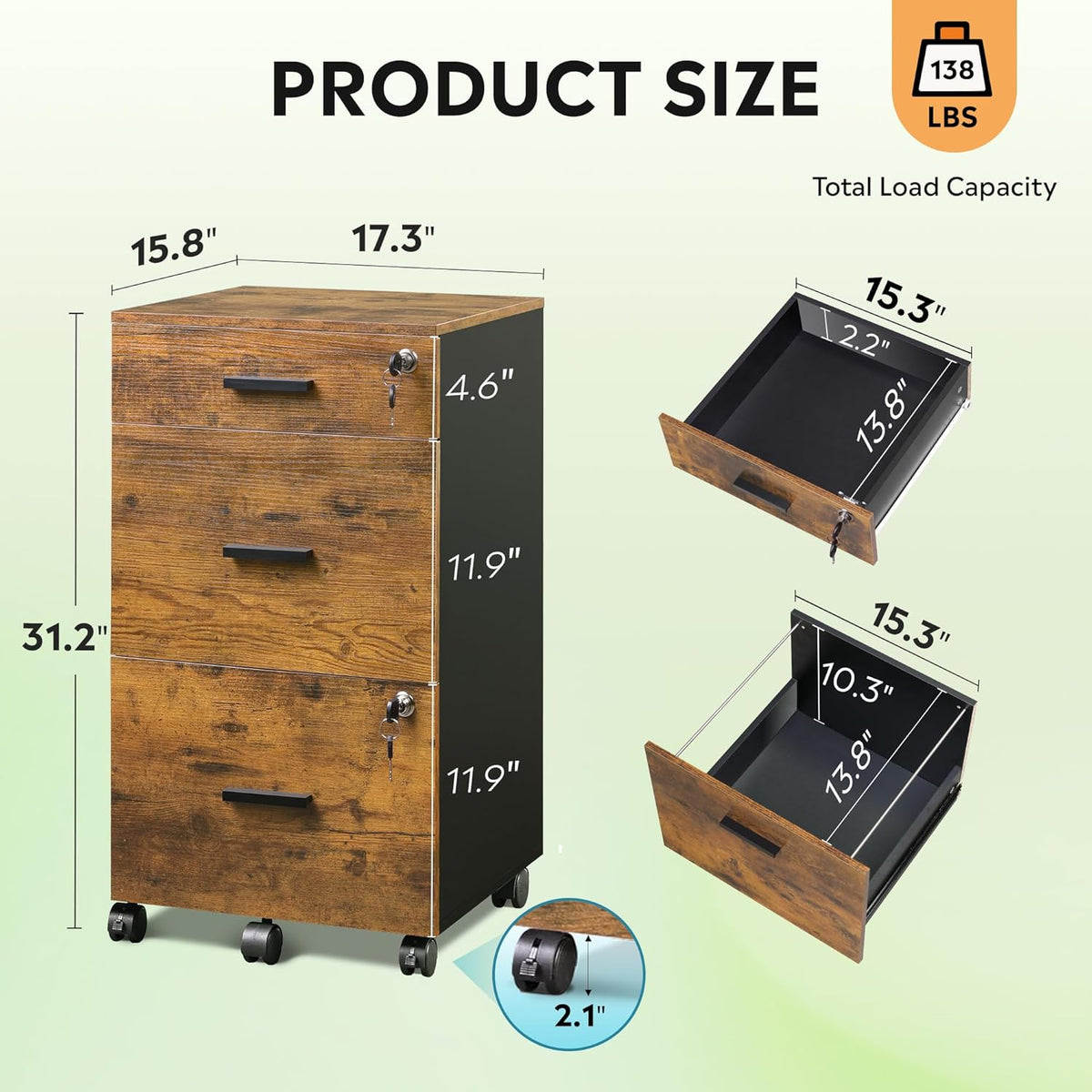 DEVAISE 3 Drawer Rolling File Cabinet with Lock, Wood Filing Cabinet fits Letter / A4 Size for Home Office, Rustic Brown