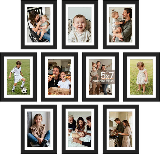 upsimples 5x7 Picture Frame Set of 10, Display Pictures 4x6 with Mat or 5x7 Without, Multi Photo Frames Collage for Wall or Tabletop Display, Black