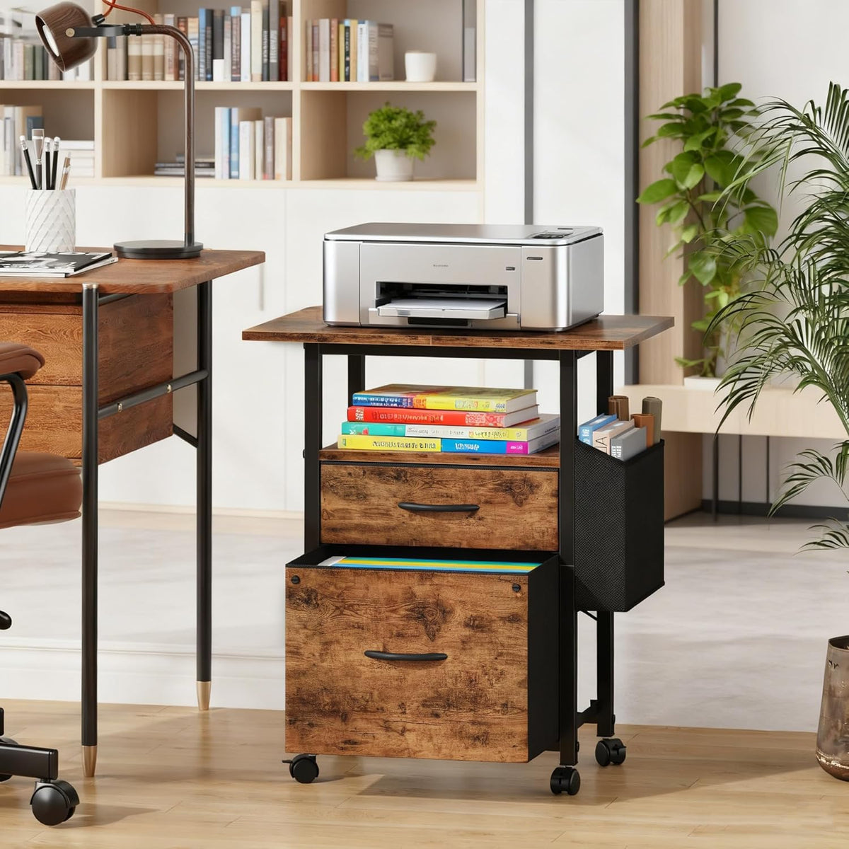 GYIIYUO 2 Drawer File Cabinet with 24'' Extended Desktop, Mobile Filing Cabinet, Rolling File Cabinet with Side Bag, Fabric Drawer, Fits A4/Letter Size, Printer Stand Home Office, Light Brown