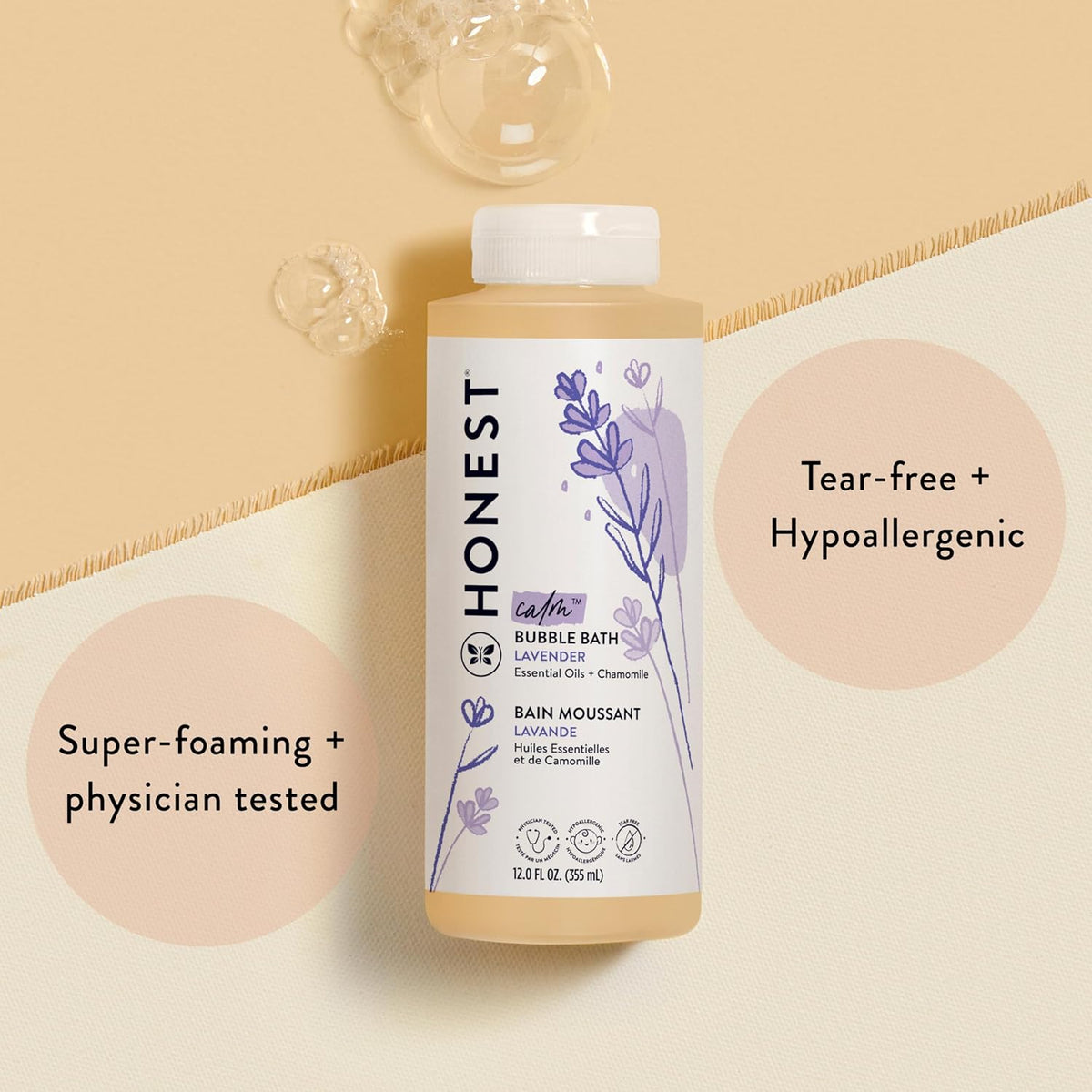 The Honest Company Foaming Natural Bubble Bath, Tear-Free, Hypoallergenic, Baby Wash, Lavender Calm, 12 fl oz