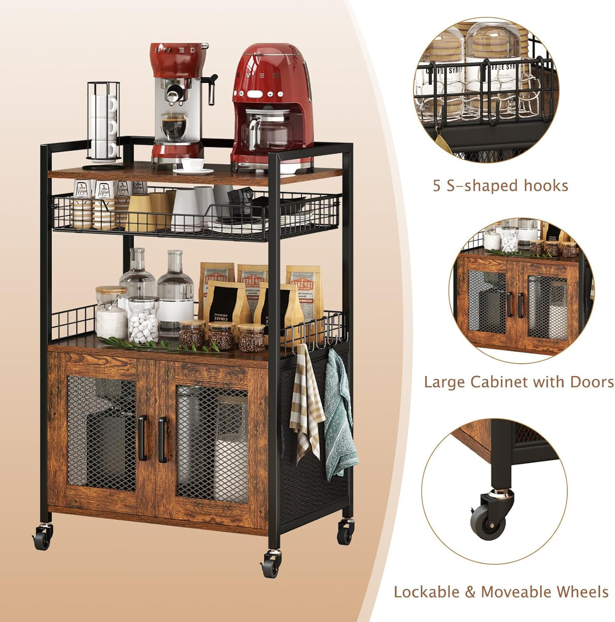 Coffee Bar Cabinet, 3 Tier Coffee Station Table on Wheels, 35.9" H Bar Cart with Wire Basket Drawer & 5 Hooks for Home Kitchen, Liquor Buffet Sideboard Cabinet (Rustic Brown)