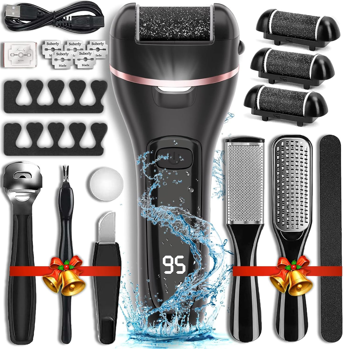 Wea&Hea Electric Callus Remover for Feet with 3 Roller Heads 2 Speed Rechargeable Waterproof Professional Pedicure Kit 17 in 1 Foot File Tools Perfect for Dead Hard Cracked Dry Skin