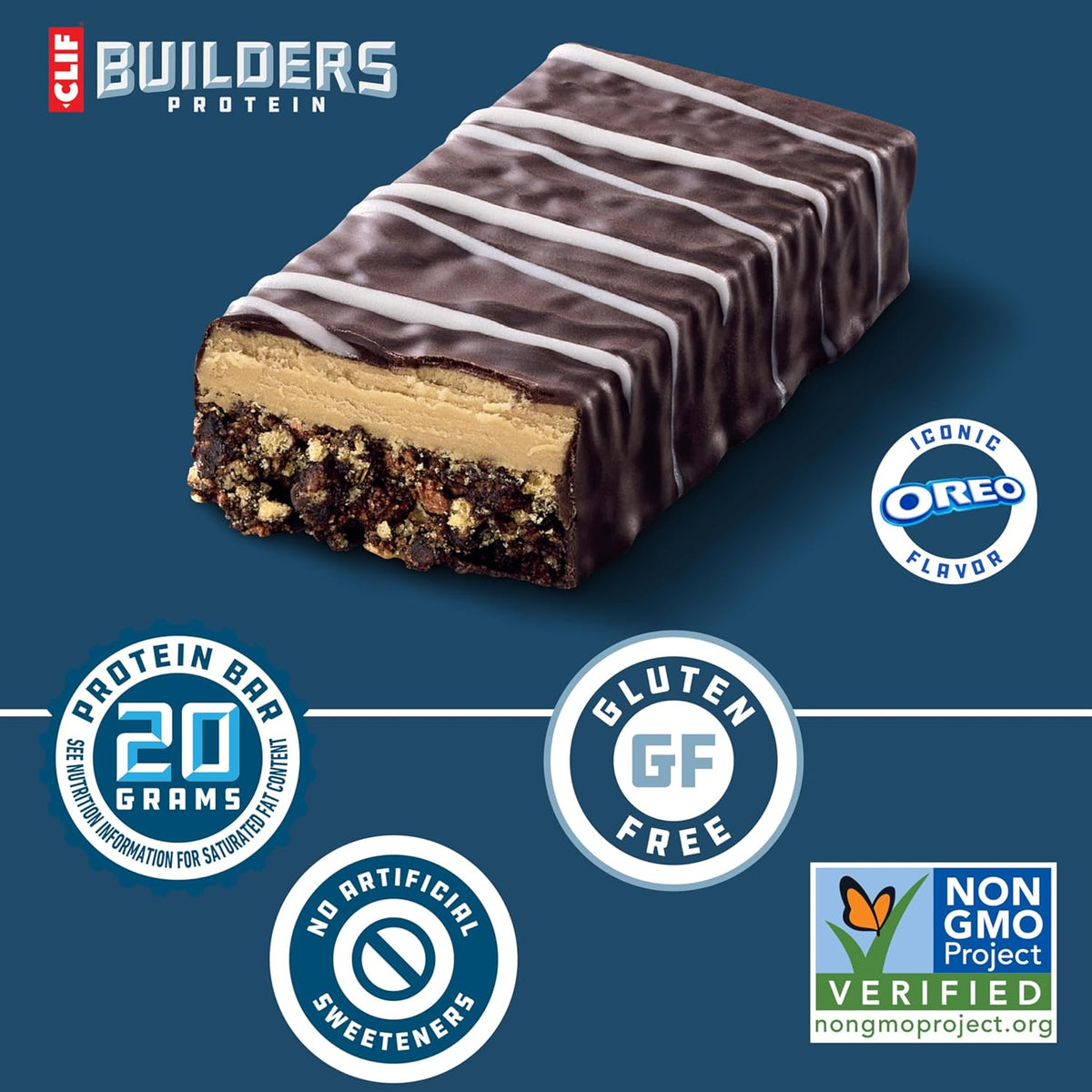 CLIF BUILDERS Protein Bars - OREO-Flavored - 20g Plant Based Protein - Gluten Free - Non-GMO - Low Glycemic - No Artificial Sweeteners - 2.4 oz. (12 Pack)