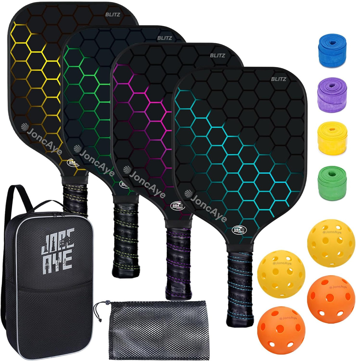 Pickleball-Paddles-Set of 4 or 2 Rackets by JoncAye, USAPA Approved Pickle-Ball Equipment with Balls, Bag, Accessories, Fiberglass Graphite Pickleball Racquet Set for Men, Women, Kids, Adults