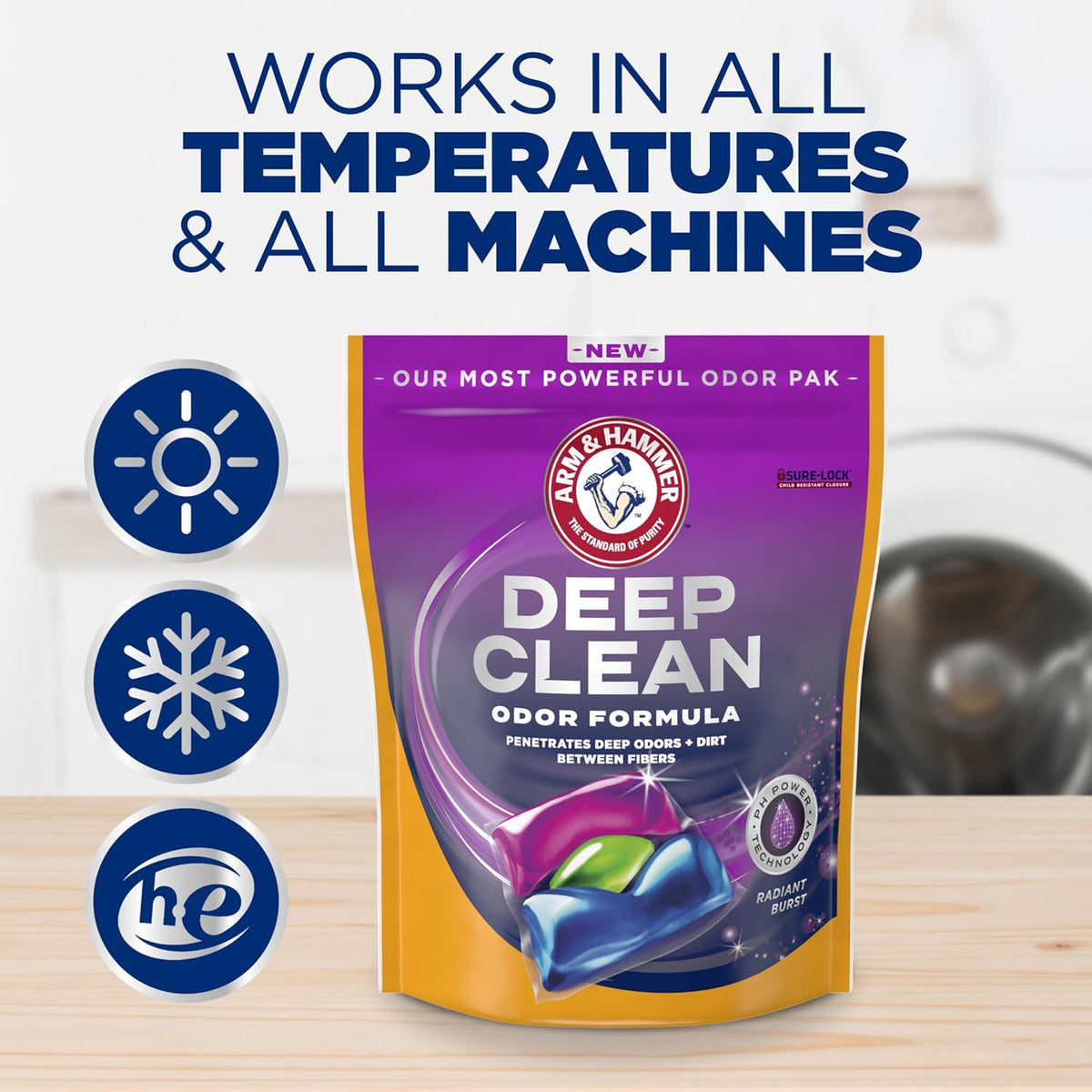 ARM & HAMMER™ Deep Clean Odor Formula Laundry Detergent Power Paks, Laundry Odor Remover, Radiant Burst Scent, 44 Count, 44 Loads