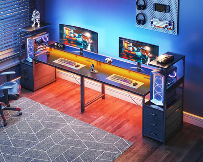 AODK 59 Inch Gaming Desk with USB Charging Ports & LED Light- Reversible Computer Desk with Storage Shelves & Monitor Stand, Modern Gamer Desk Table with Fabric Drawers & Side Hook, Carbon Fiber Black