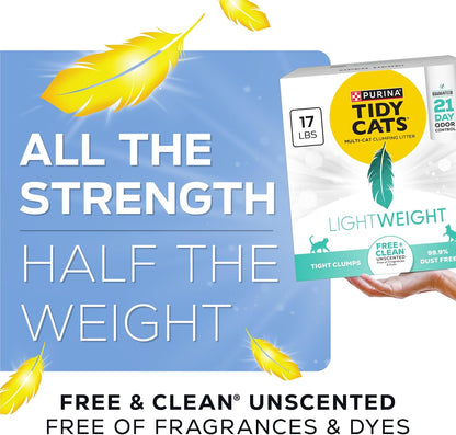 Purina Tidy Cats LightWeight Free and Clean Unscented, Multi-Cat, Clumping, 99.9 Percent Dust Free Cat Litter - 17 lb. Box