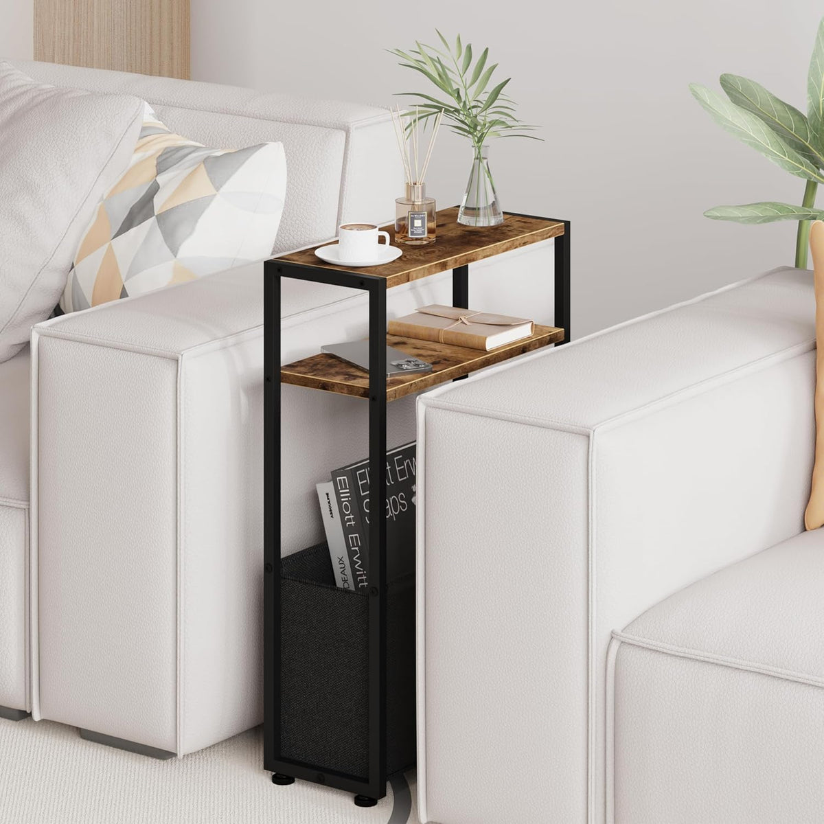 Narrow Side Table, Slim End Tables with Fabric Basket, Skinny Table for Small Spaces, Thin Bedside Table for Living Room, Bedroom