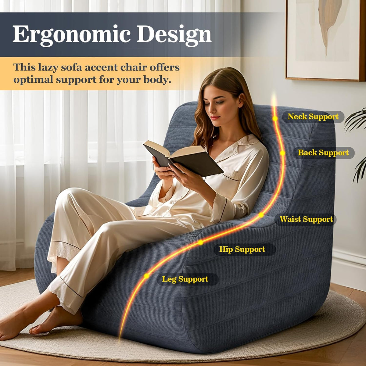 Bean Bag Chair, Fireside Bean Bags Lazy Sofa Sack, Big Beanbag Chair Floor Couch, Memory Foam Lounge Chair for Bedroom, Living Room, Office and Home (Gray)