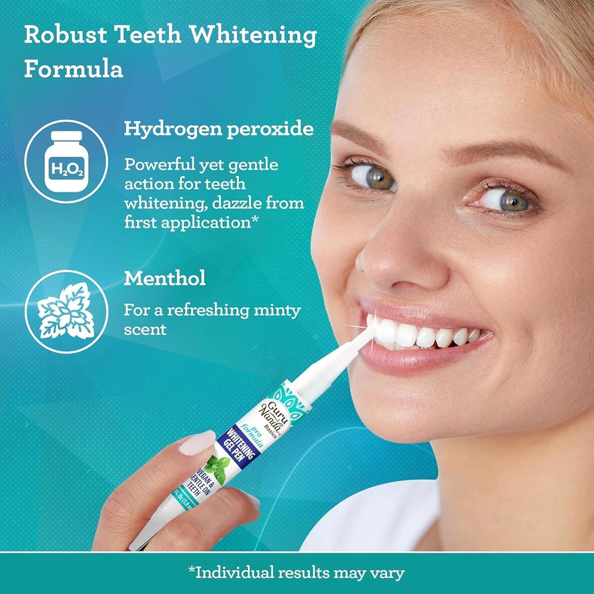 GuruNanda Teeth Whitening Pen,(0.06 fl oz)-20 Uses, Vegan & Gentle on Teeth Pro Formula - Hydrogen Peroxide Whitening Gel Pen, Cruelty-free, Mint Flavor
