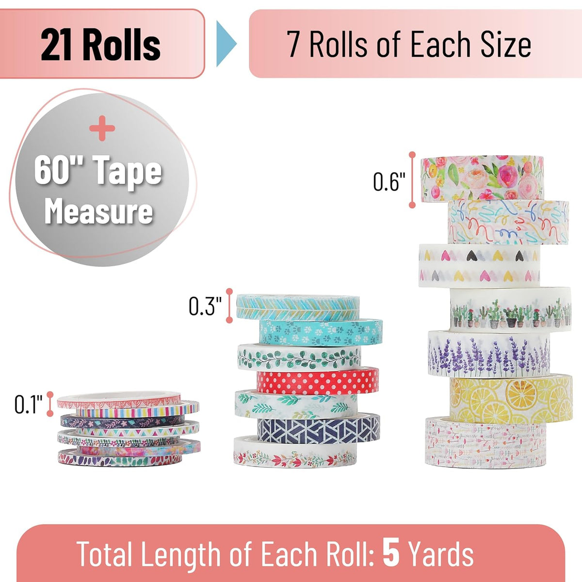 Mr. Pen- Washi Tape Set, 21 Rolls, Assorted Sizes, Floral Washi Tape for Journaling