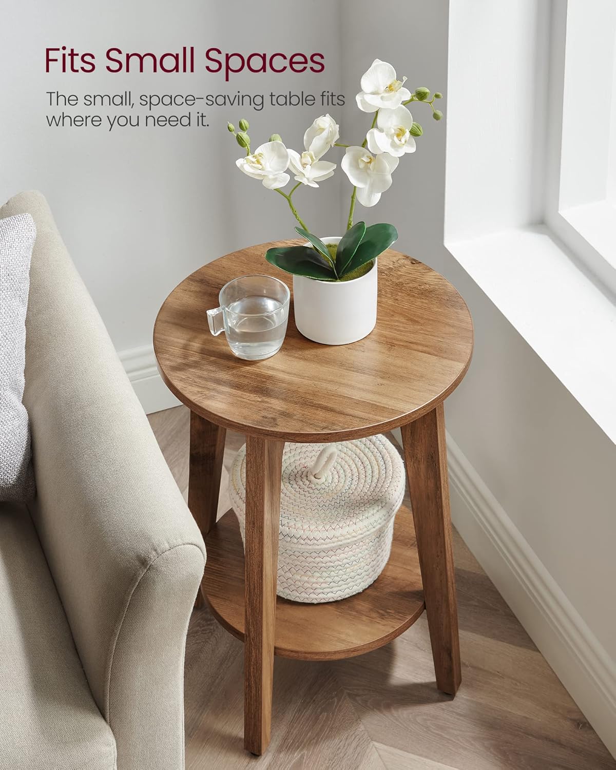 VASAGLE MAEZO Collection - Side Table, 2-Tier Small Round End Table, Nightstand with Tapered Legs, Curved Transitions, for Small Spaces, Living Room, Bedroom, Rustic Walnut ULET283T41