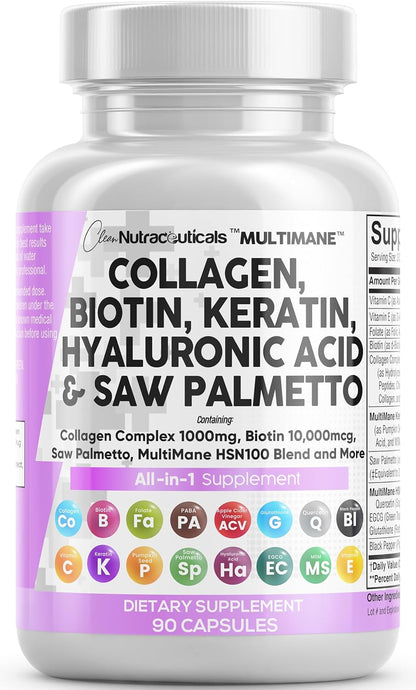 Clean Nutraceuticals Collagen Pills 1000mg Biotin 10000mcg Keratin Saw Palmetto Hyaluronic Acid - Hair Skin & Nails Vitamins & DHT Blocker with Vitamin E Folic Acid Pumpkin Seed MSM - 90 Count