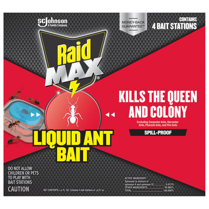 Raid Max Liquid Ant Bait; Kills Ants Where They Breed, for Indoor and Outdoor Use; 12 Bait Stations