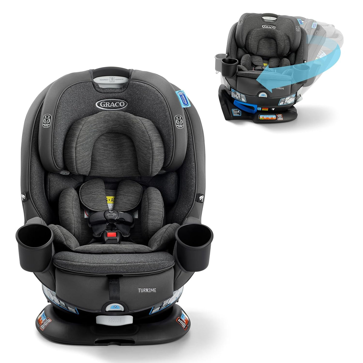 Graco Turn2Me 3-in-1 Rotating Convertible Car Seat, Manchester, Rear-Facing Rotation, Forward-Facing Mode, Highback Booster Up to 100 lbs, Adjustable Headrest & Harness, Steel Reinforced Frame