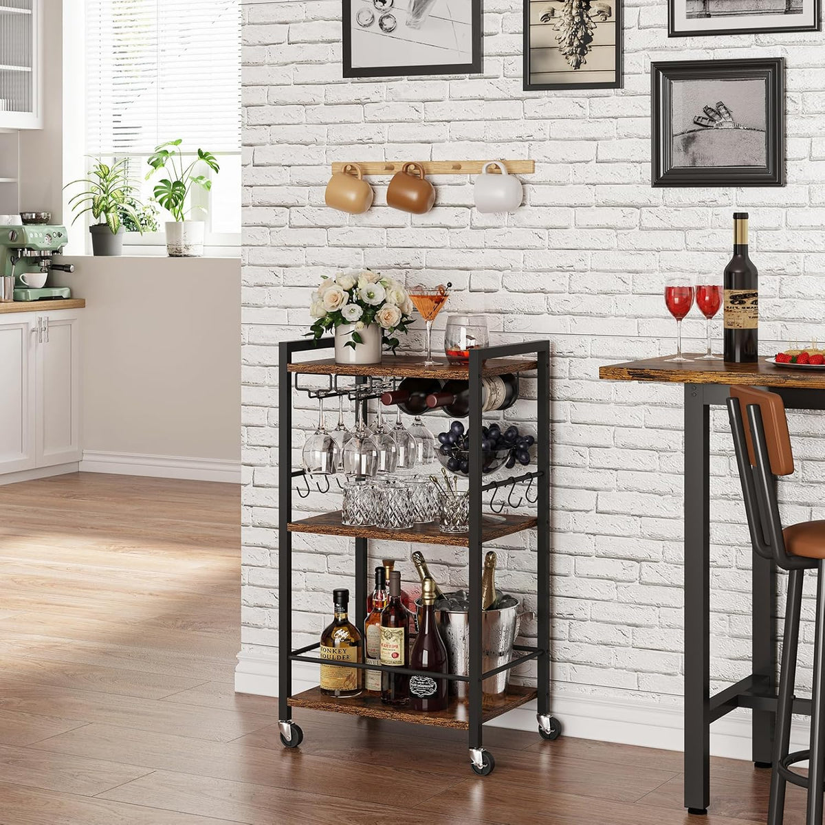 TUTOTAK Bar Cart, Home Bar Serving Cart with 3-Tier Shelf, Drink Cart with Wine Rack, Glass Holder, Rolling bar carts for The Home, Living Room, Brown BC01BB035
