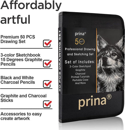 Prina 50 Pack Drawing Set Sketch Kit, Sketching Supplies with 3-Color Sketchbook, Graphite, and Charcoal Pencils, Pro Art Drawing Kit for Artists Adults Teens Beginner Kid, Ideal for Shading, Blending
