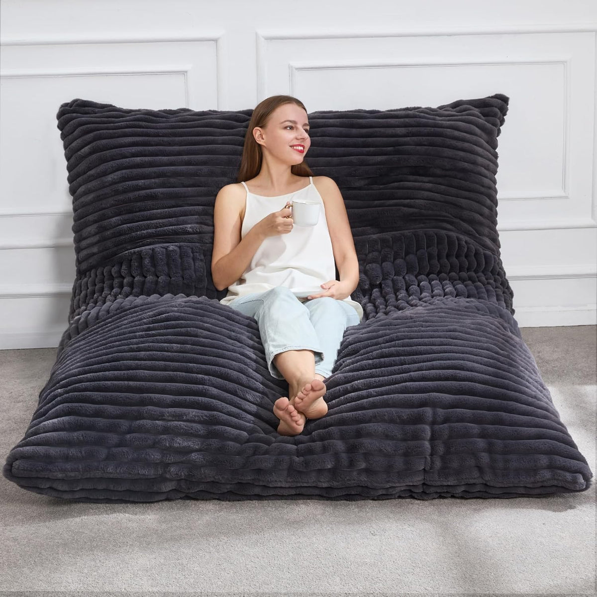 Hobestluk 3 in 1 Bean Bag Chair Giant Bean Bag Chairs Convertible Bean Bag Floor Cushion with Machine Washable Cover, Beanbag Chairs for Adult (Dark Grey)