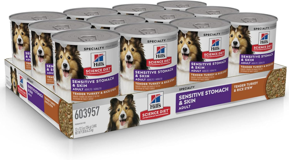 Hills science diet adult 1-6 sensitive stomach & sensitive skin dog food, 12.5 oz tender turkey & rice stew in gravy, 12-pack