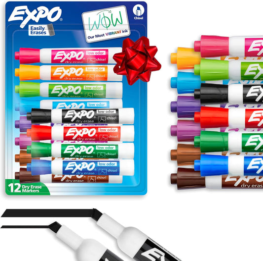 EXPO Dry Erase Markers, Low Odor Ink, Assorted Colors, Chisel Tip, 12 Count - Easily Erases, Vibrant Ink, Ideal for Classroom, Back to School Supplies, Teachers, Office, Whiteboard & Home