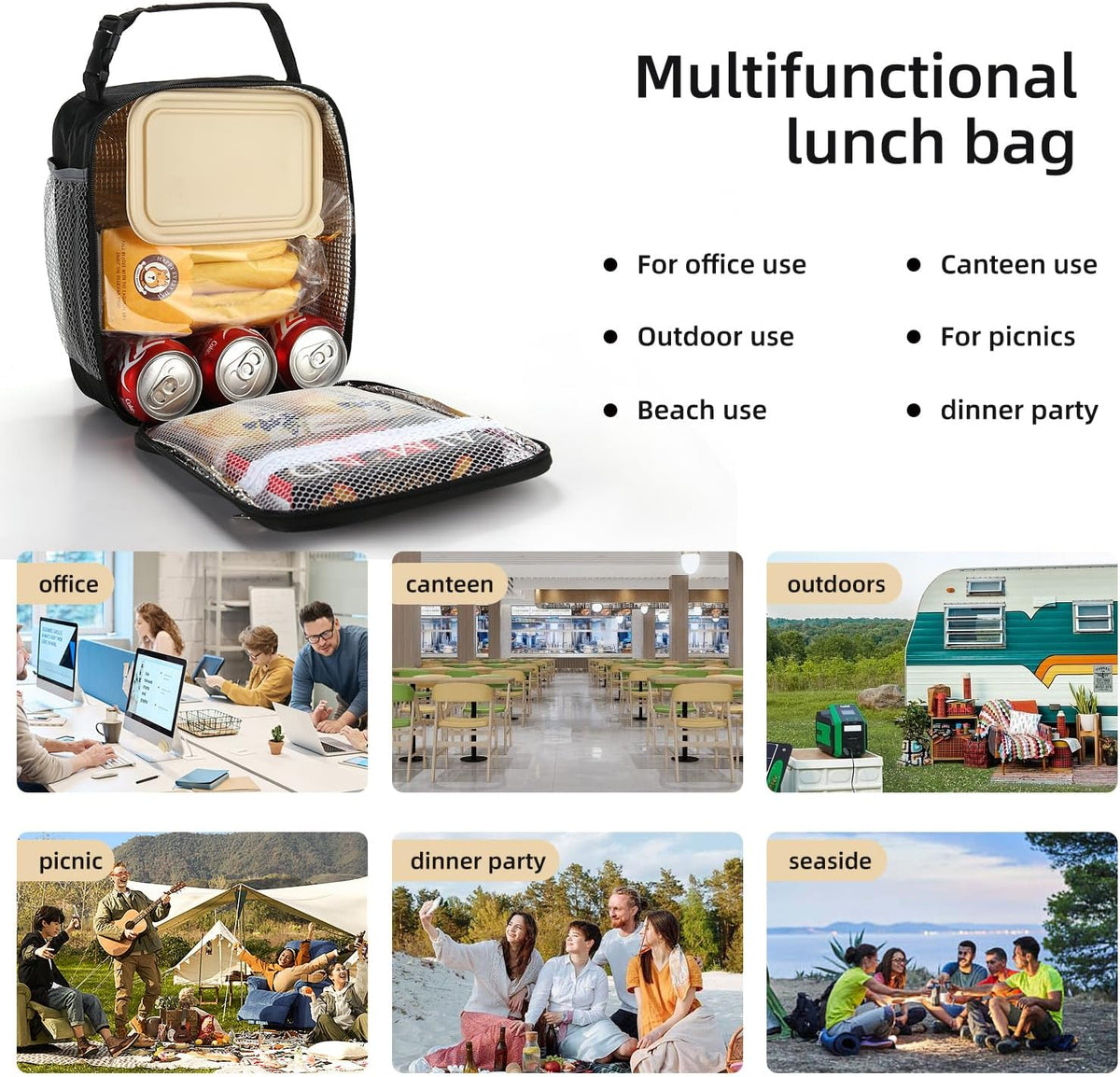 Lunch box Lunch bag for men women Insulated Lunchbox Lunch bags for Work Picnic Travel (Black)
