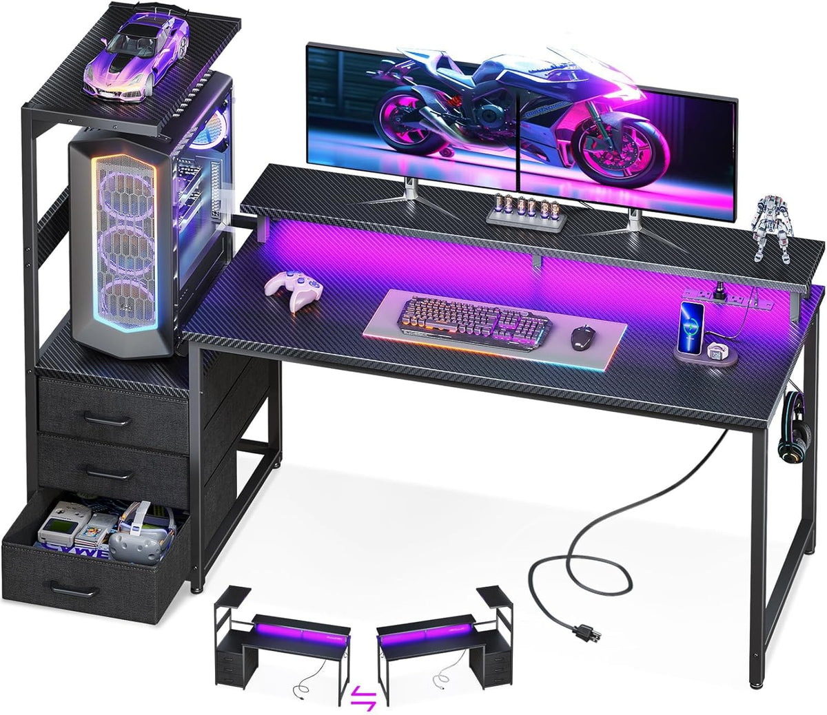 AODK 59 Inch Gaming Desk with USB Charging Ports & LED Light- Reversible Computer Desk with Storage Shelves & Monitor Stand, Modern Gamer Desk Table with Fabric Drawers & Side Hook, Carbon Fiber Black