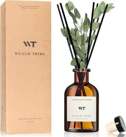 WEALD TRIBE Flower Reed Diffuser Set Eucalyptus & Lavender Scent For Bathroom Accessories Shelf Decor & Air Fresheners, Sticks Defusers With 4.0 fl oz Essential Oils, House Bedroom Office Decor & Gift