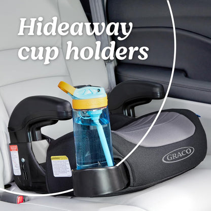 Hideaway cup holder attached to a car seat with a blue water bottle inside, brand 'Graco' visible.