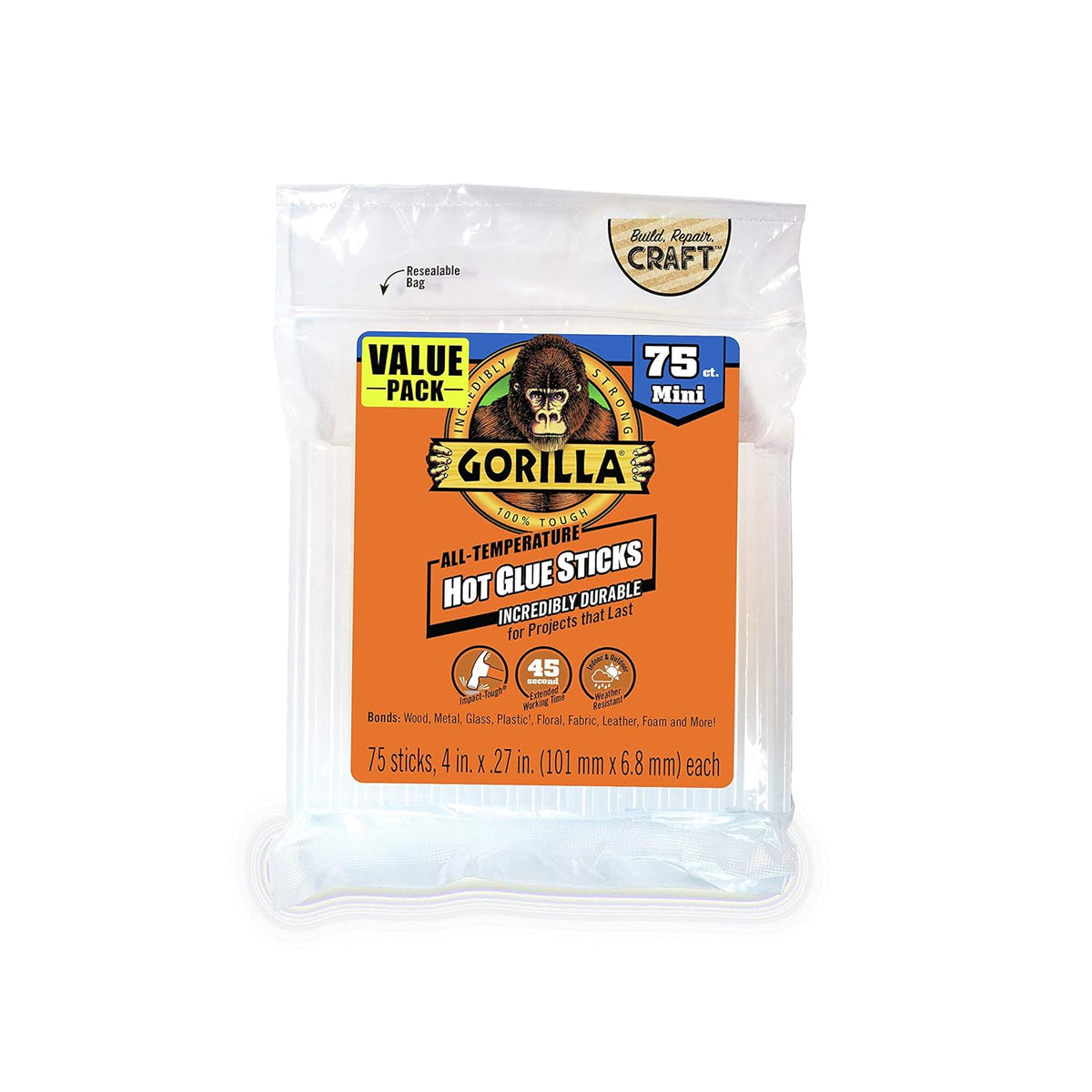 Gorilla Hot Glue Sticks, Clear Glue, Mini Size 4" Long x 0.27" Diameter, 75 Count (Pack of 1) - Safe for All Temperatures with Extended Working Time