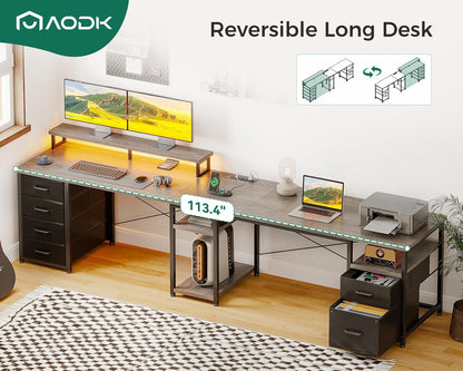 AODK 66" L Shaped Desk, 113" Computer Desk with File Cabinet & 4 Fabric Drawers, Home Office Desk with Monitor Shelf & Power Outlet, Two Person Desk or Corner Desk, Gaming Table with LED Light, Grey